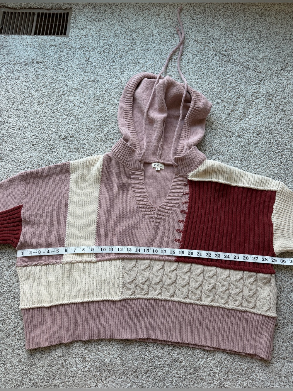 POL Patchwork Cable Knit Hooded Sweater Boho Oversized Small - Picture 10 of 12